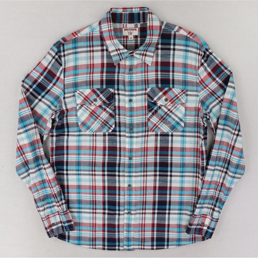True Religion LS Utility Shirt Mens Large Multicolor Plaid Western Cotton